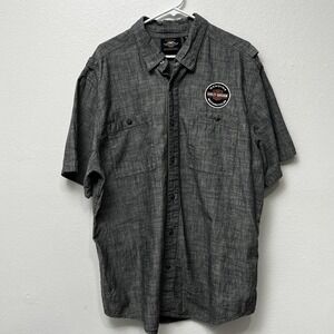 Harley-Davidson Shirt Mens XL‎ Gray Short Sleeve Button Up Orange Logo Pockets